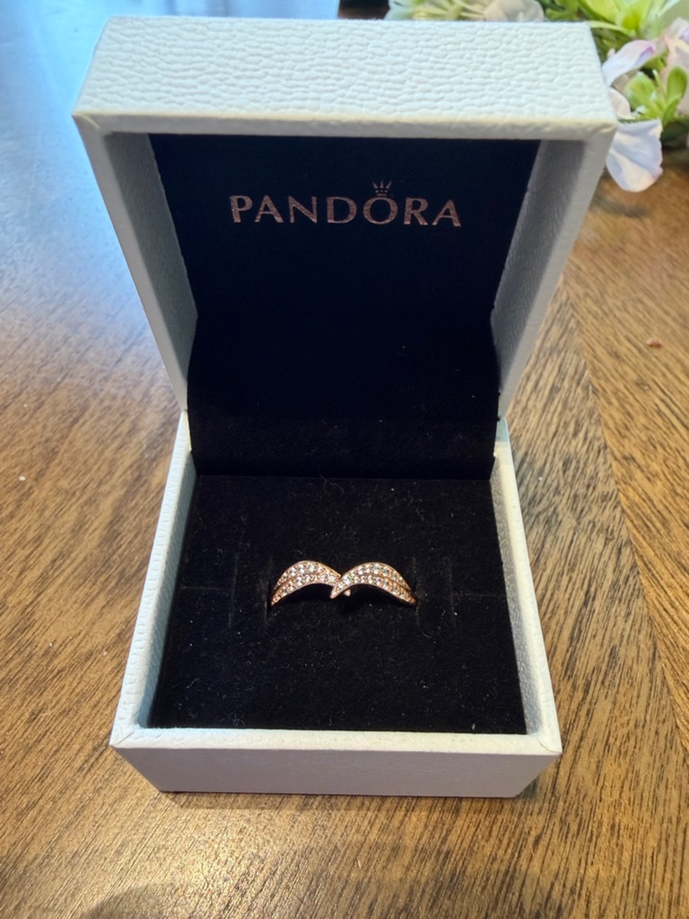 Pandora Rose Gold Pavé Wing Ring with Pink Stones